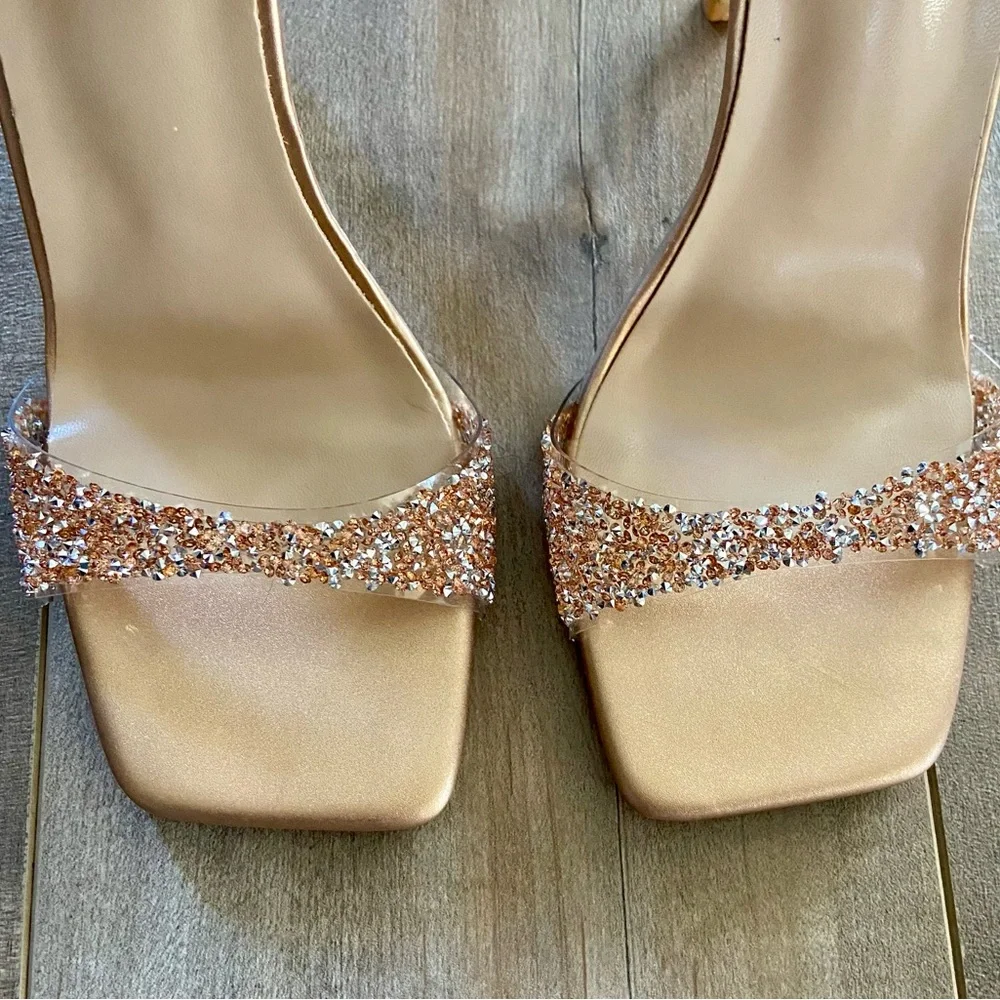 Open Toe Ankle Strap Rhinestone Band Dress Sandal Stiletto High Heel in Gold